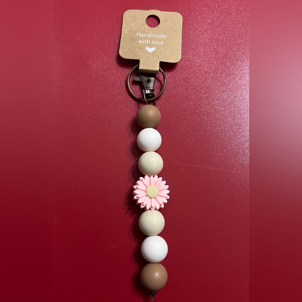 Pink and Cream Beaded Keychain with Flower Accent